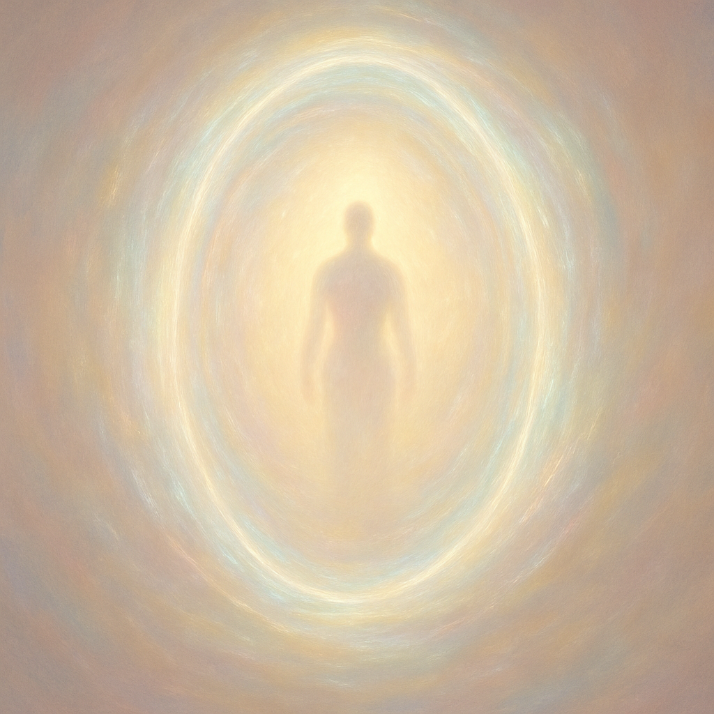 Iridescent light-portal with a luminous human silhouette symbolizing intuition, future self, and spiritual evolution.