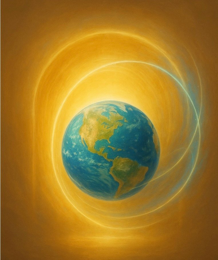 A luminous digital painting of Earth emerging from a glowing, iridescent portal surrounded by a subtle phi-spiral of light. The planet appears reborn, vibrant, and shimmering with higher resonance, symbolizing humanity’s evolution into a becoming species.