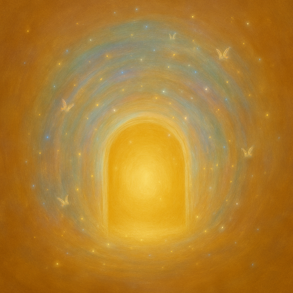 A glowing golden portal surrounded by soft iridescent rings, scattered starlight, and delicate butterfly forms. The image evokes transformation, becoming, and the subtle magic of stepping into a new threshold.