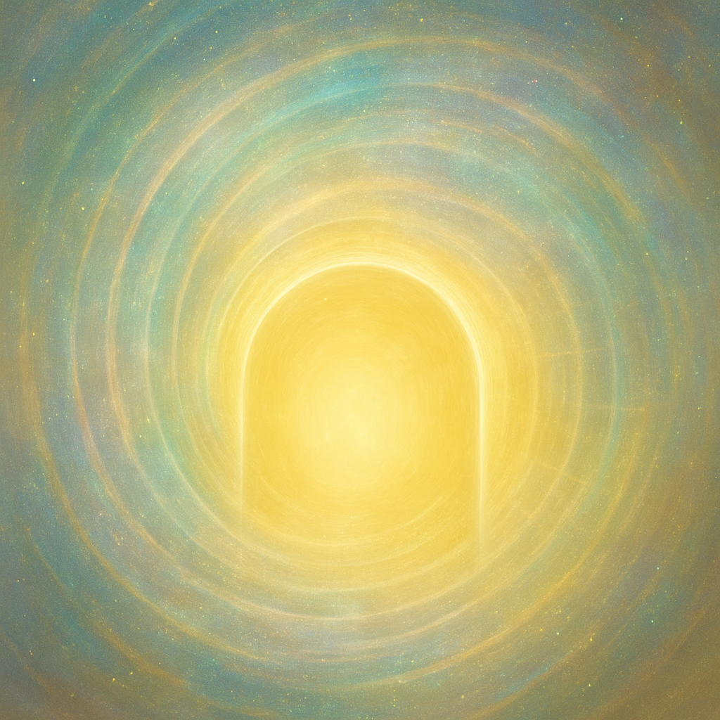 A luminous, iridescent portal surrounded by soft spiraling rings of blue, gold, and pearl light. The glowing golden center evokes heart coherence, resonance, and a musical sense of harmony—symbolizing intuition and truth felt before words.