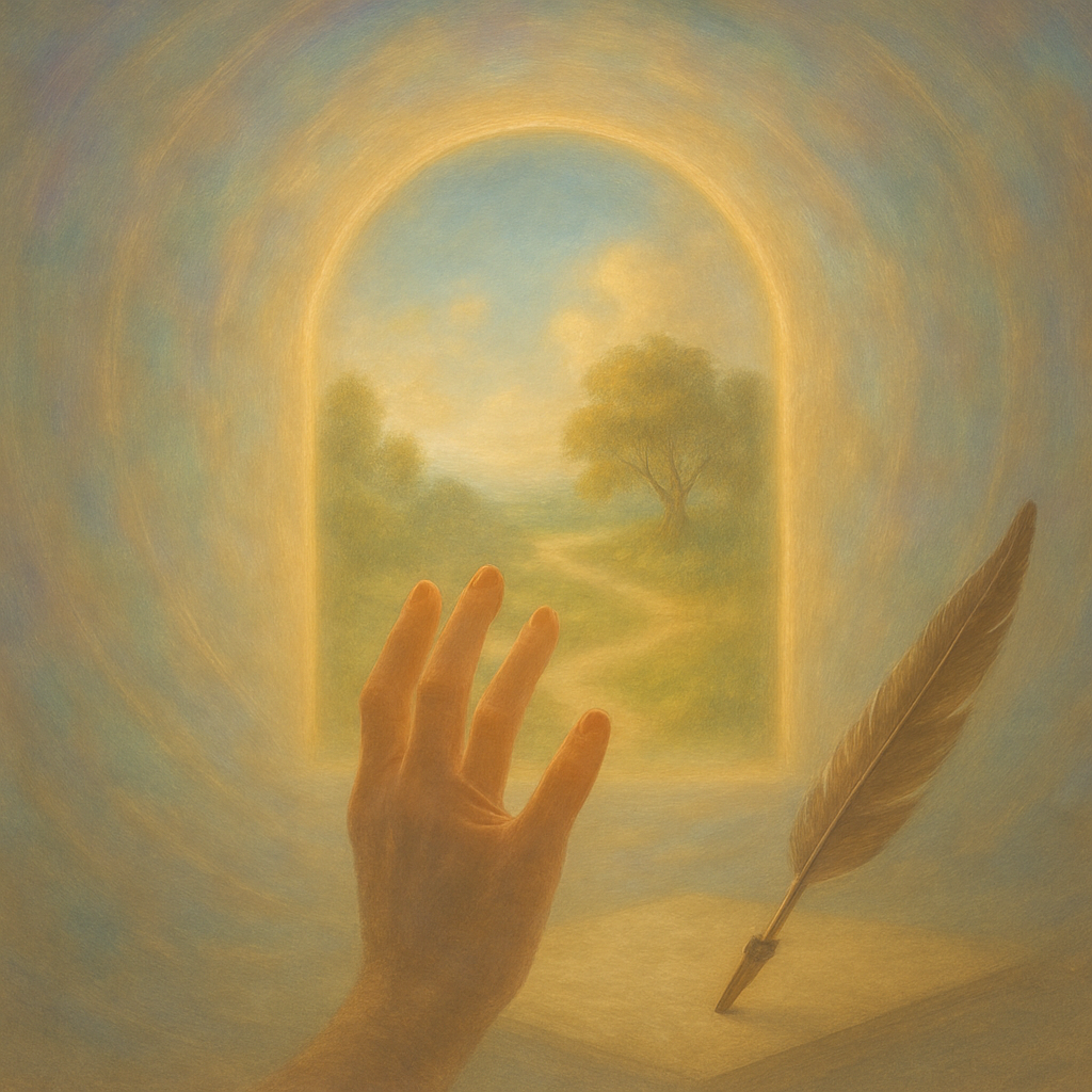 Hand Reaching Toward a Luminous Portal of Imagination
